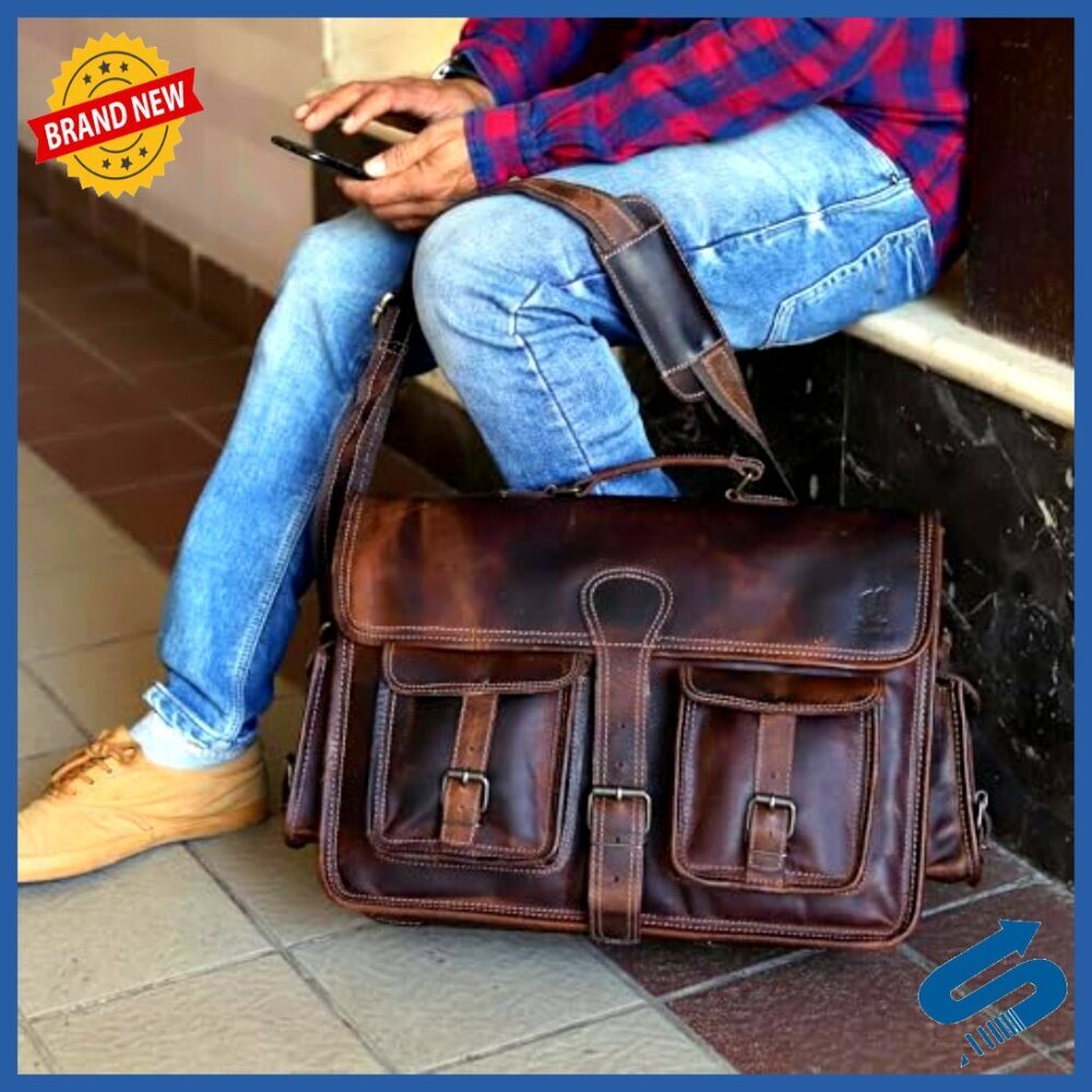 Vintage Leather Messenger Bag Handmade Full Grain Crossbody Satchel Briefcase - Picture 2 of 6